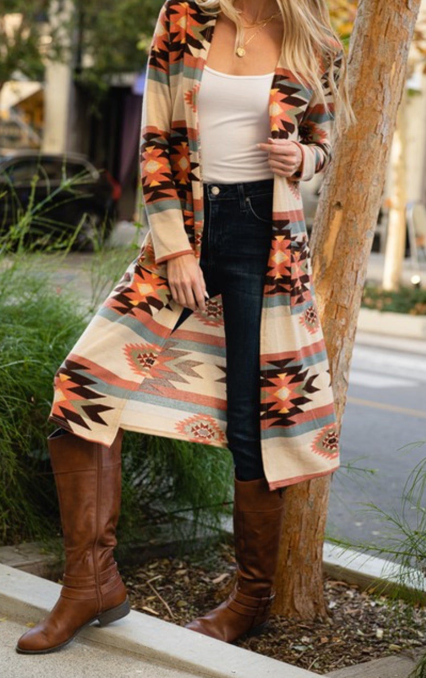 Aztec Long Cardigan with Pockets
